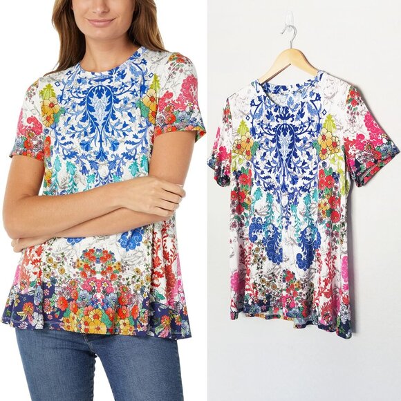 Johnny Was Shellinay Favorite Short Sleeves Crew Swing Tee Top L Bamboo $120 - Picture 4 of 16